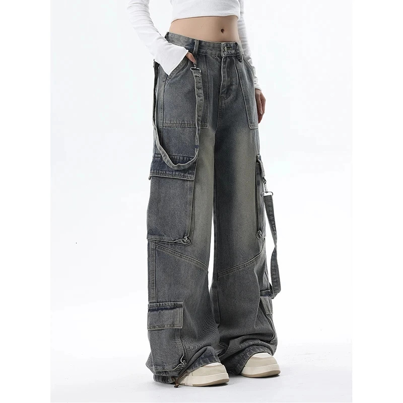 Women Vintage Blue Gothic Cargo Jeans Y2k Wide Leg Denim Pants Oversize 2000s High Waist Jeans Korean Baggy Trousers 90s Jeans 240806