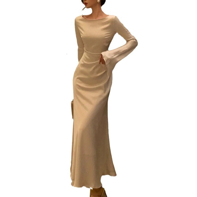 Articat Bodycon Long Sleeve Womens Dress Party Club Evening Female Slim Fit Round Neck Solid Autumn 240115