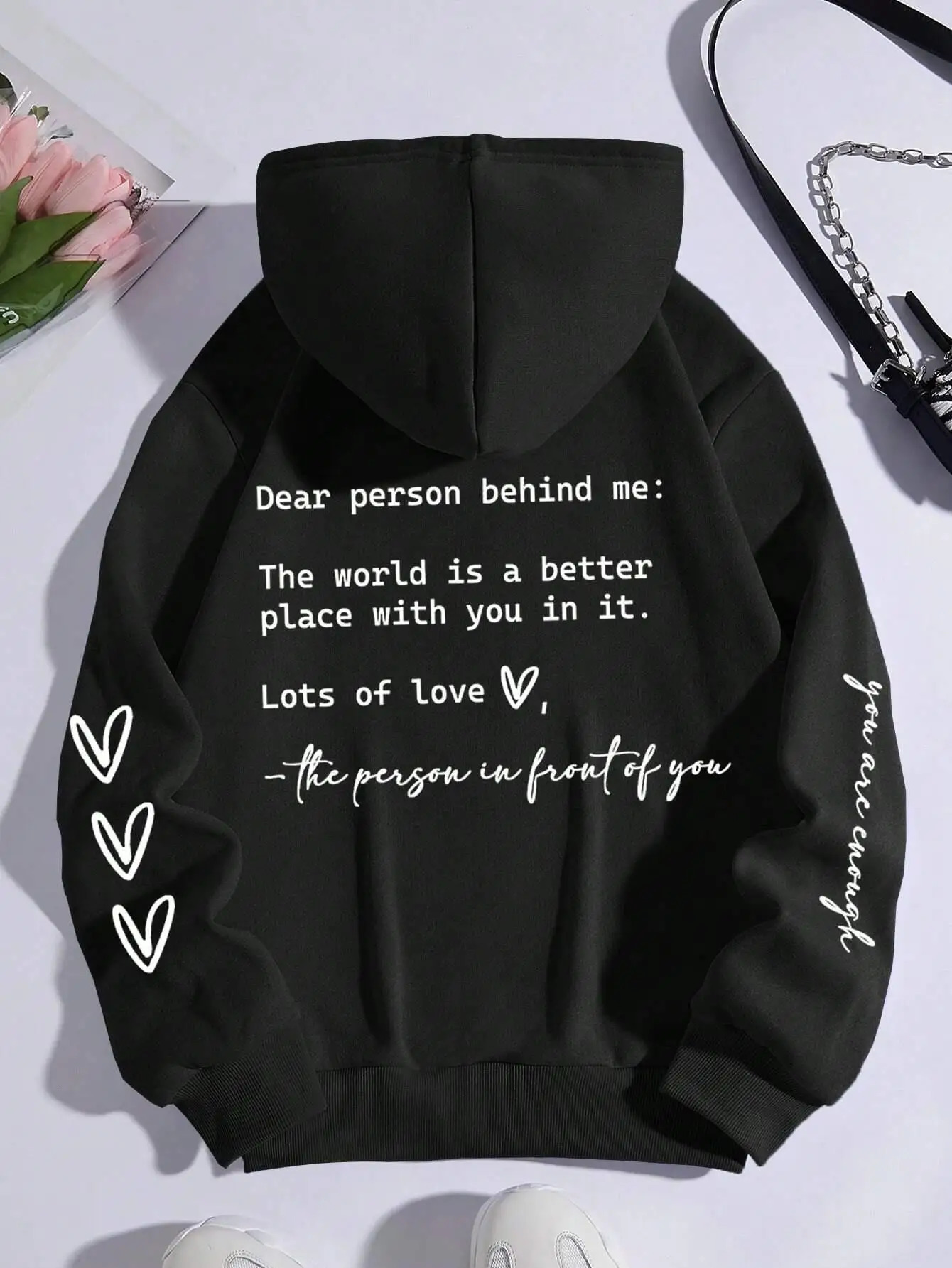 Dear Person Behind Me Letter Graphic Print Hoody Womens Fashion Soft Sweatshirt Autumn Warm Fleece Hooded Casual Loose Tops 240806