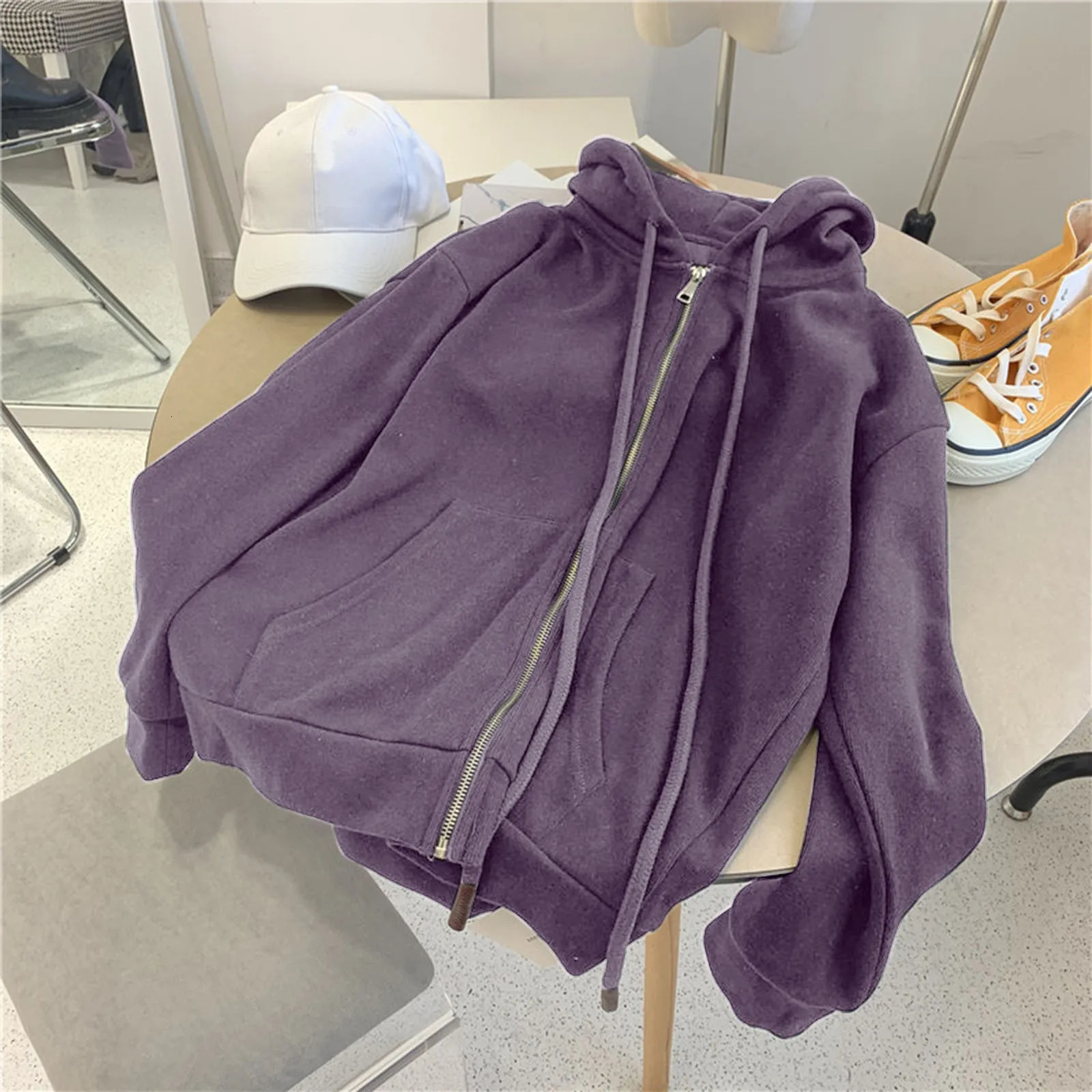 Y2k Zip Up Hoodies Long Sleeve Purple Oversized Jackets Hoodie Drawstring Harajuku Black Grunge Loose Sweatshirt 240812