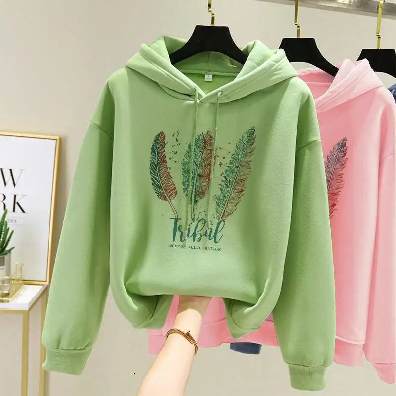 Women Fashion Feather Printed Hoodies Autumn Winter Plus Velvet Casual Loose Sweatshirt 240806