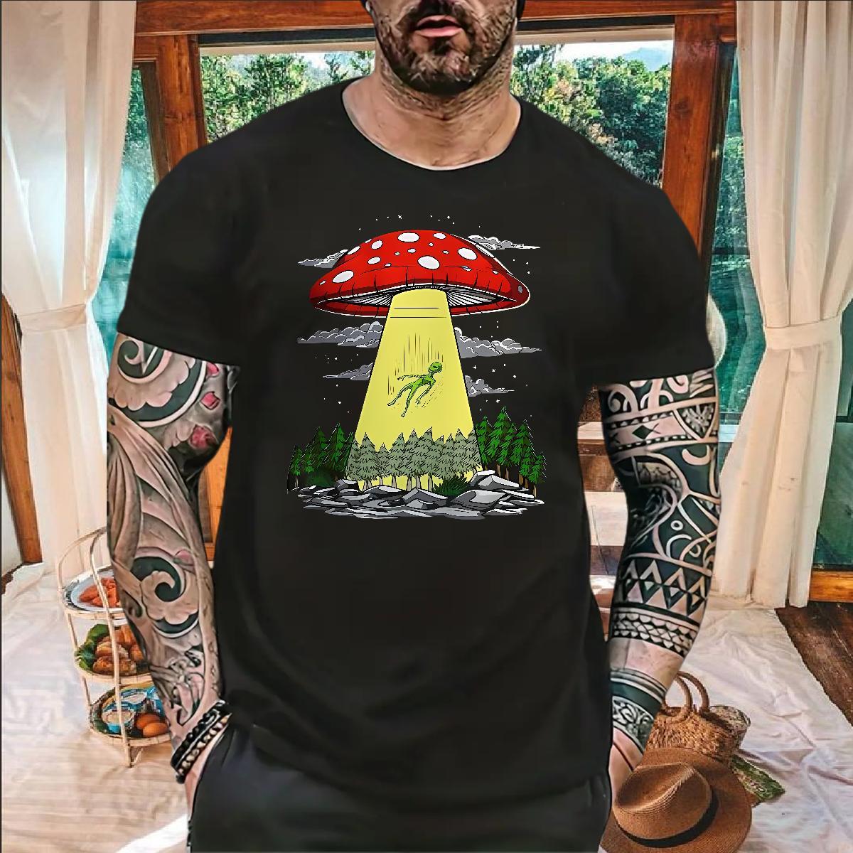Classic Mens T Shirts 230g 100% Cotton mushroom Daily Outfit Tops Tees Breathable Crew Neck Unisex Men Tops Tees Floral Print