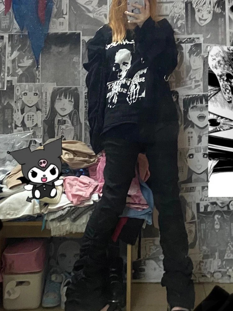 REDDACHiC Goth Lolita Black Pants Casual Flare Stacked Jeans Women Stretchy High Waist Trousers 2000s Y2K Grunge Emo Streetwear 240806