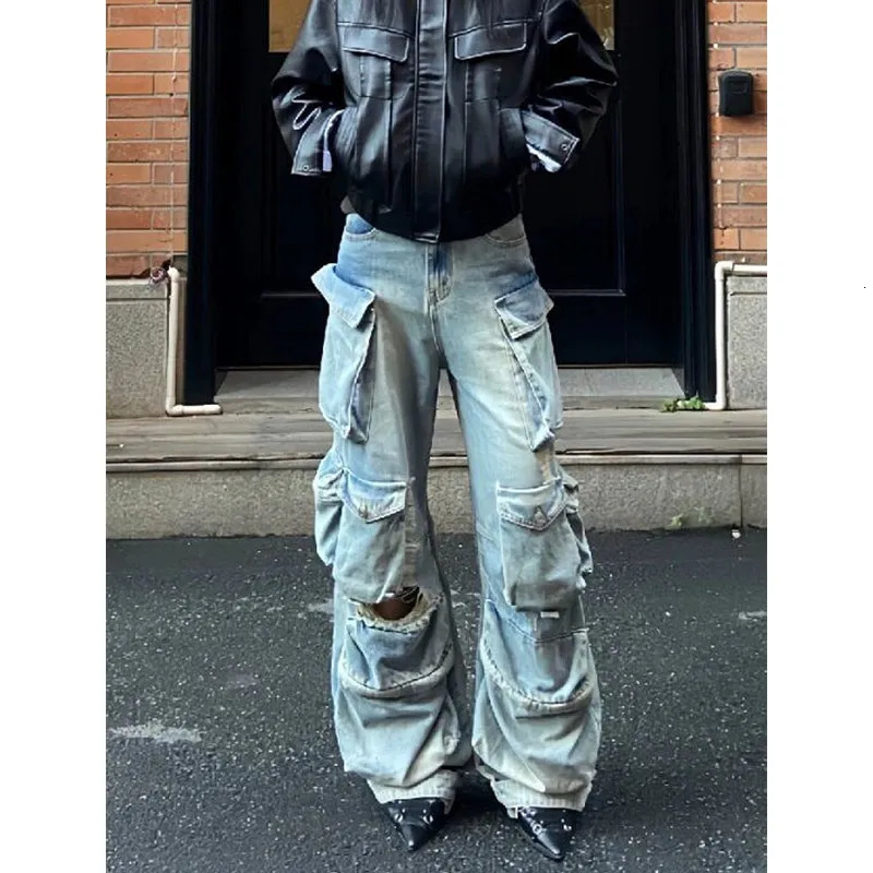 Womens Blue Cargo Jeans Baggy Vintage Y2k Denim Trouser 2000s Harajuku Wide Leg Cowboy Pants Trashy 90s Aesthetic Clothes 240806