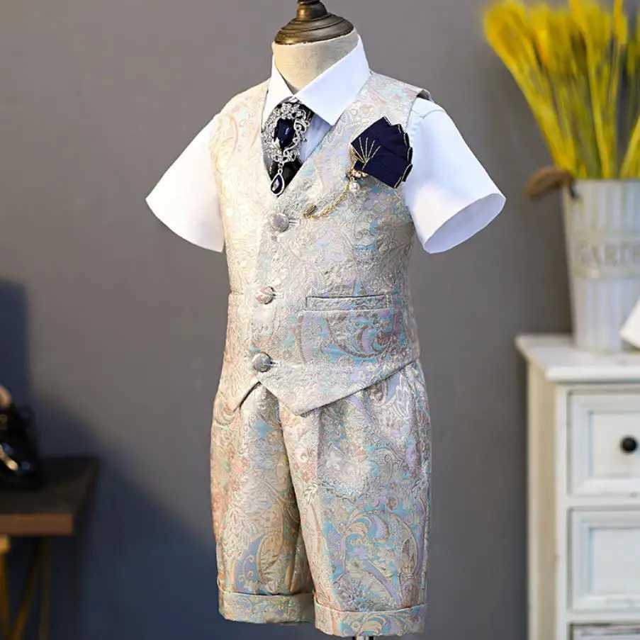 Suits 5PCS Childrens Formal Vest Suit Wedding Birthday Baptism Party Boy Gown Piano Performance Costume Kids Waistcoat Sets A2174