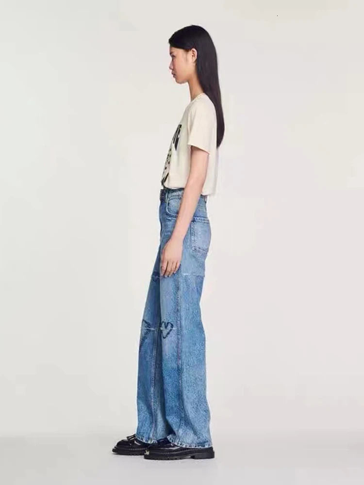 IOO SAND Womens Jeans High Waist Straight Fashion Embroidery Pants Streetwear Vintage Casual Female Wide Leg Denim Trouser 240806