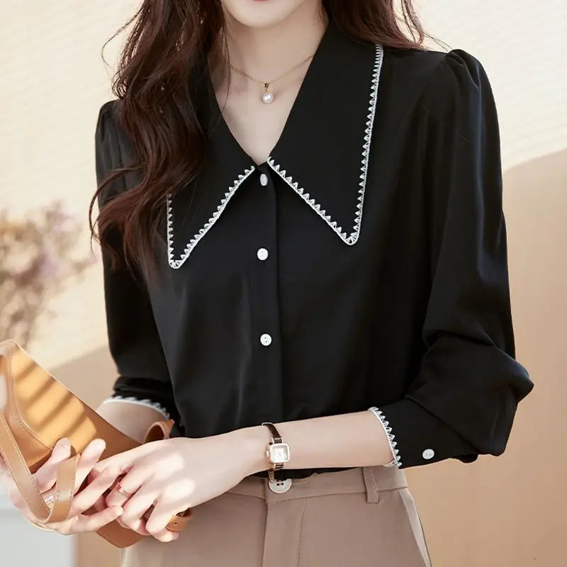 Woman Top Office Outfits Spring and Autumn Wear To Work Dress Shirts Formal Full Long Sleeve Blac Blouses Women Button Up 240806