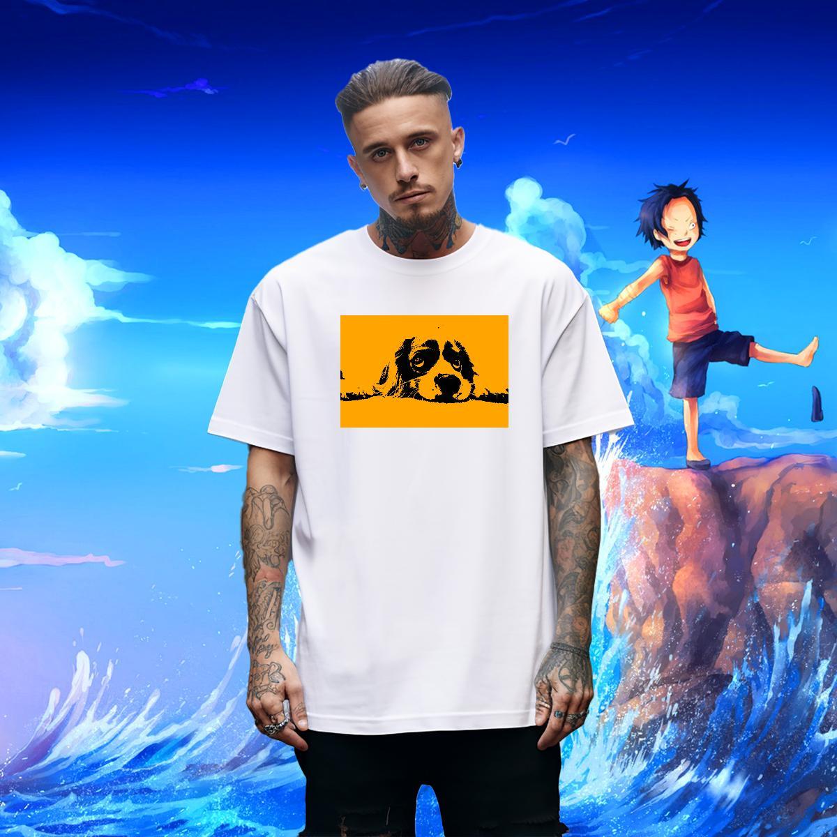 Brand Tshirts 230g 100% Cotton Spring Summer Dog Floral Print Breathable Short Sleeve DIY T Shirts Men Top Tees