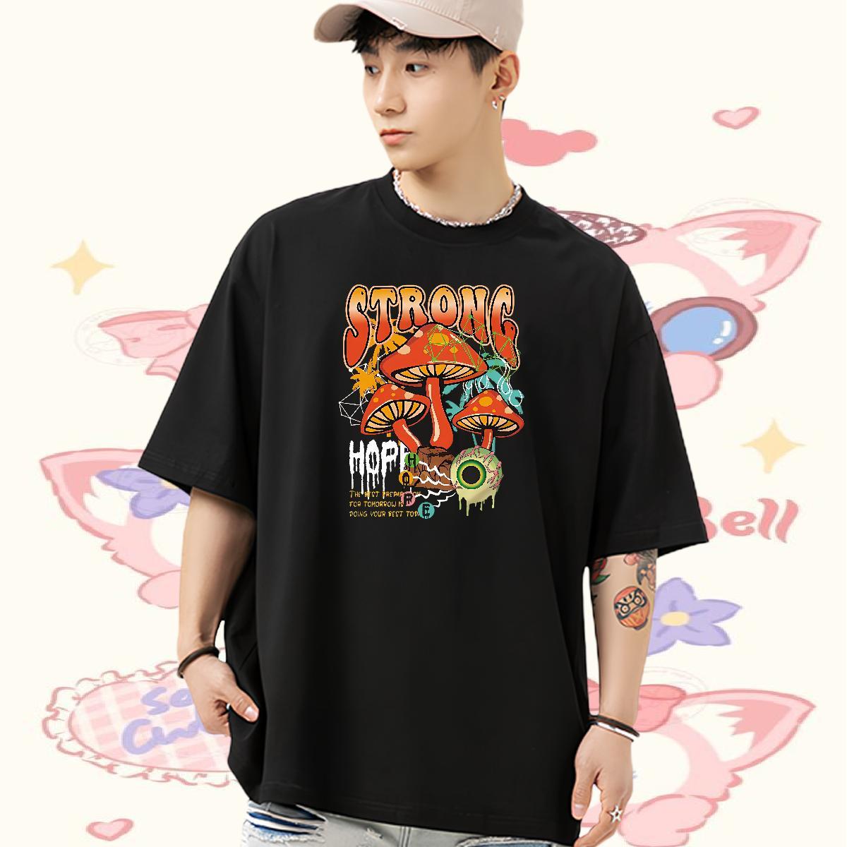Customized T Shirts Men 100% Cotton 230g mushroom Hip Hop Tops Shirt Breathable Soft Wholesale Men Tees Oversized 4XL
