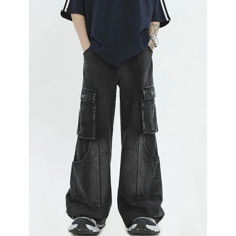 Womens Black Gothic Cargo Jeans Vintage Korean 90s Aesthetic Y2k Denim Trousers Harajuku High Waist Cowboy Pants 2000s Clothes 240806