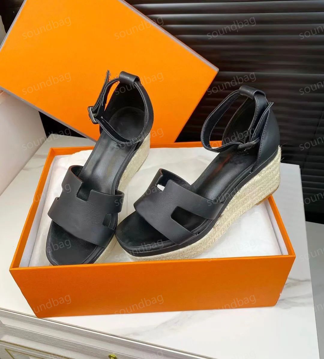 Comfort Women Elda Espadrille Sandals Shoes Calfskin Leather Wedged Black Brown White Rope Heel Lady Walking & Gladiator Sandalias EU35-43 Brown Blue