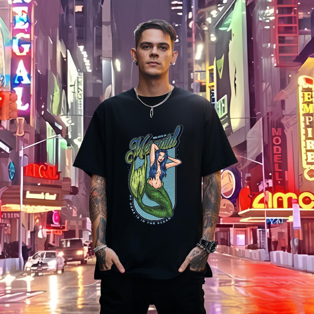 T-Shirts for Men 230g Pure Cotton mermaid Casual Daily Wear Breathable Soft DIY Mens Tshirts Fashion Design Comfortable Polos