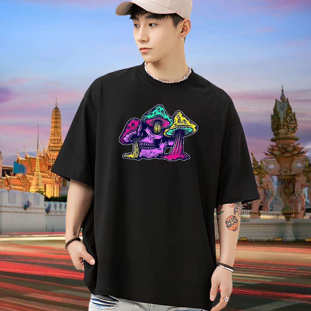 2024 New Men T Shirts 230g Cotton mushroom Street Clothings Breathable Short Sleeve Loose Men Tops Tees DIY Printed