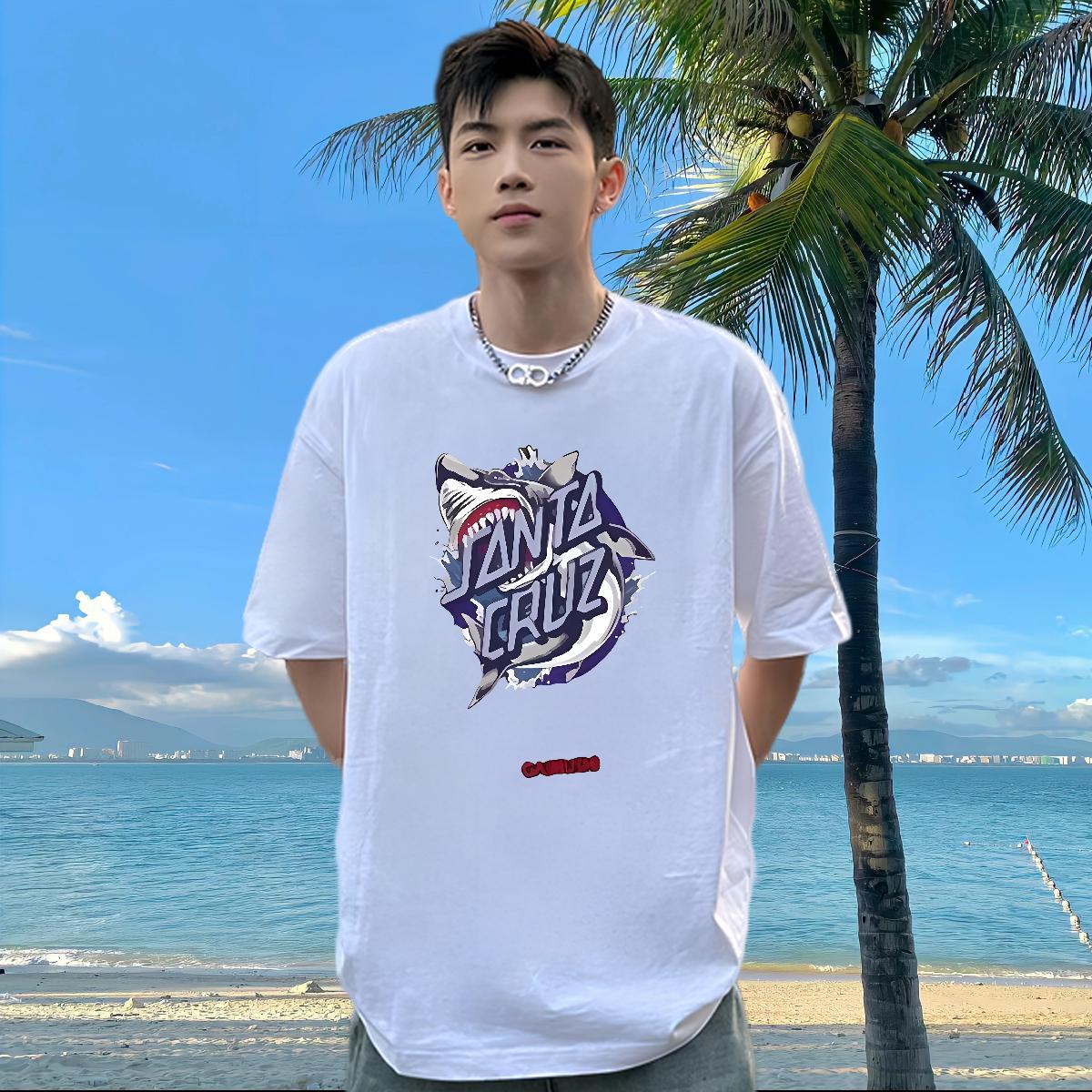 Fashion Design Men T Shirts 230g Pure Cotton shark Street wear Hip Hop Tees Shirts Crew Neck Breathable Designer Men Tees Black Oversized