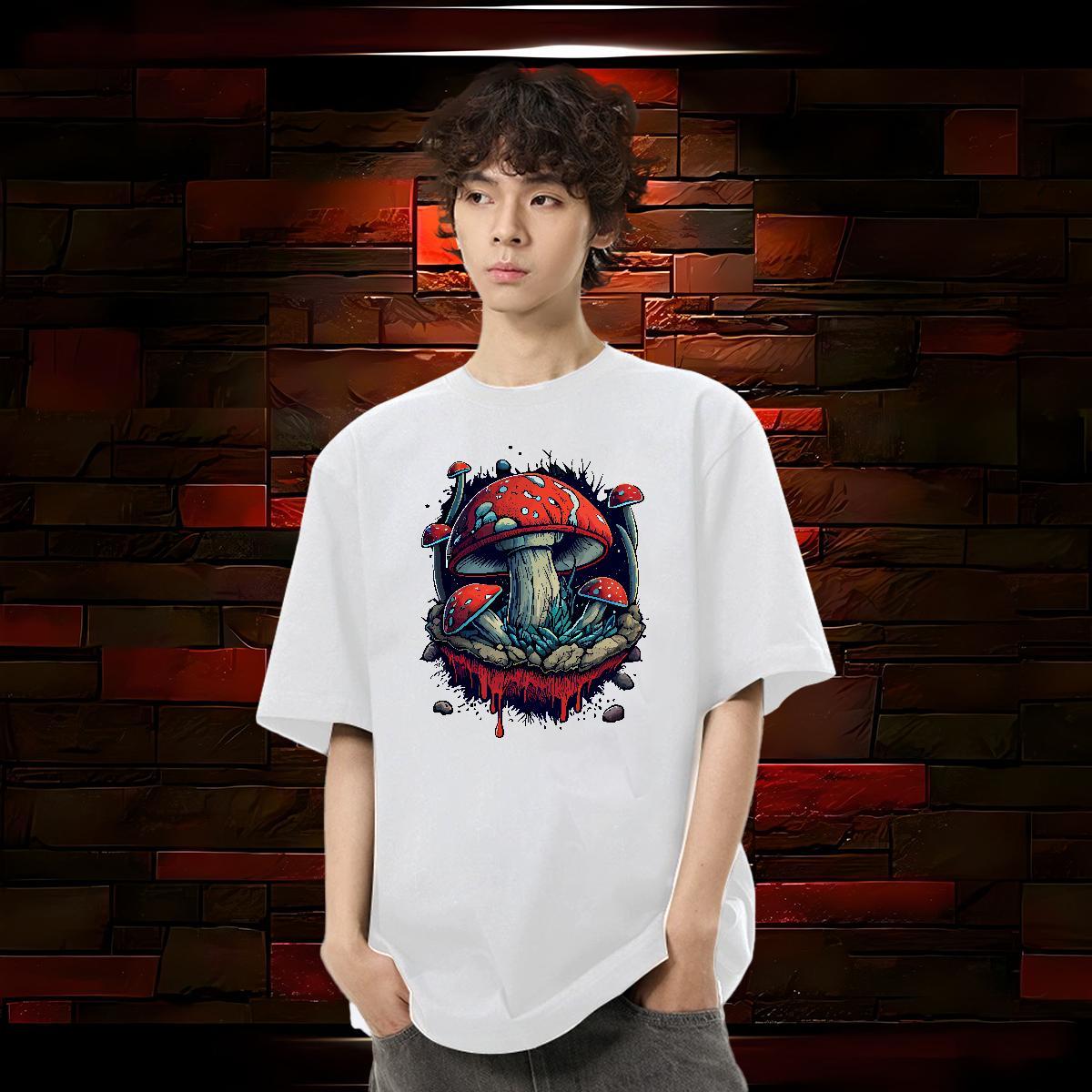 Fashion Casual Man T Shirts 230g Pure Cotton mushroom High Street Hip Hop Tees Shirts Breathable Crew Neck Loose Fit Mens Tshirts DIY Printed