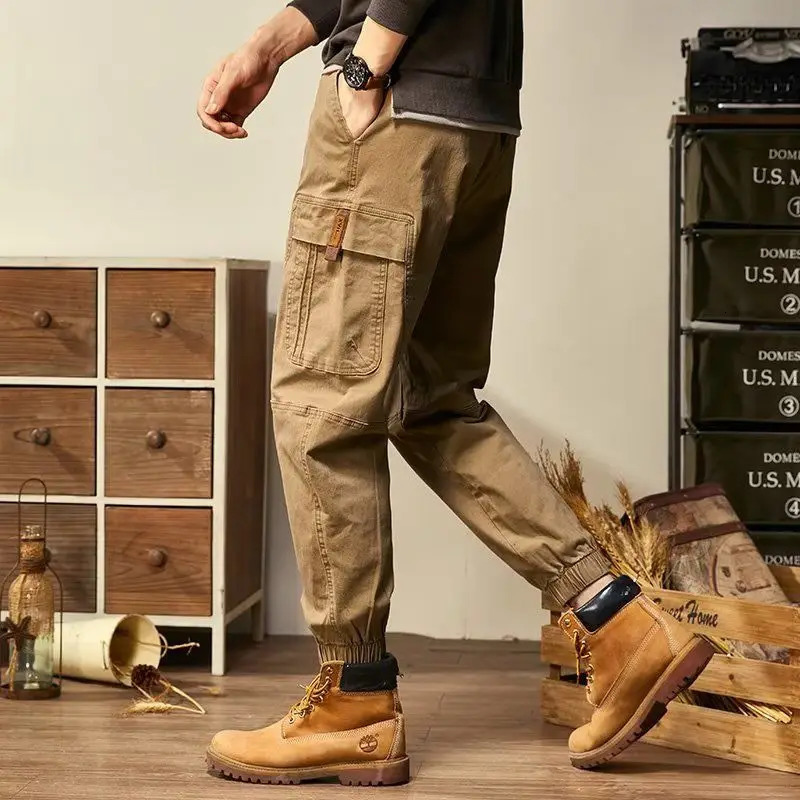 Fashion Solid Color Multiple Pockets Mens Cargo Pants Highquality Loose Streetwear Casual Straight Cylinder Ninth 240806