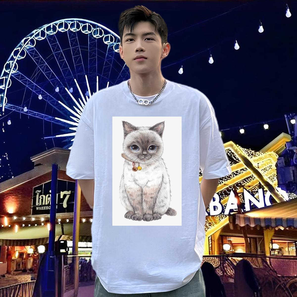 Customized Man T Shirts 230g Pure Cotton cat Outdoor Clothes Breathable Crew Neck Brand Mens Tshirts Oversized 4XL
