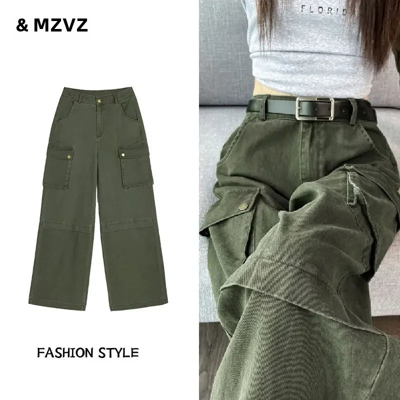 American Style Vintage High-waisted Slimming Straight-leg Wide-leg Denim Cargo Pants For Women Spring Autumn Draped 240806