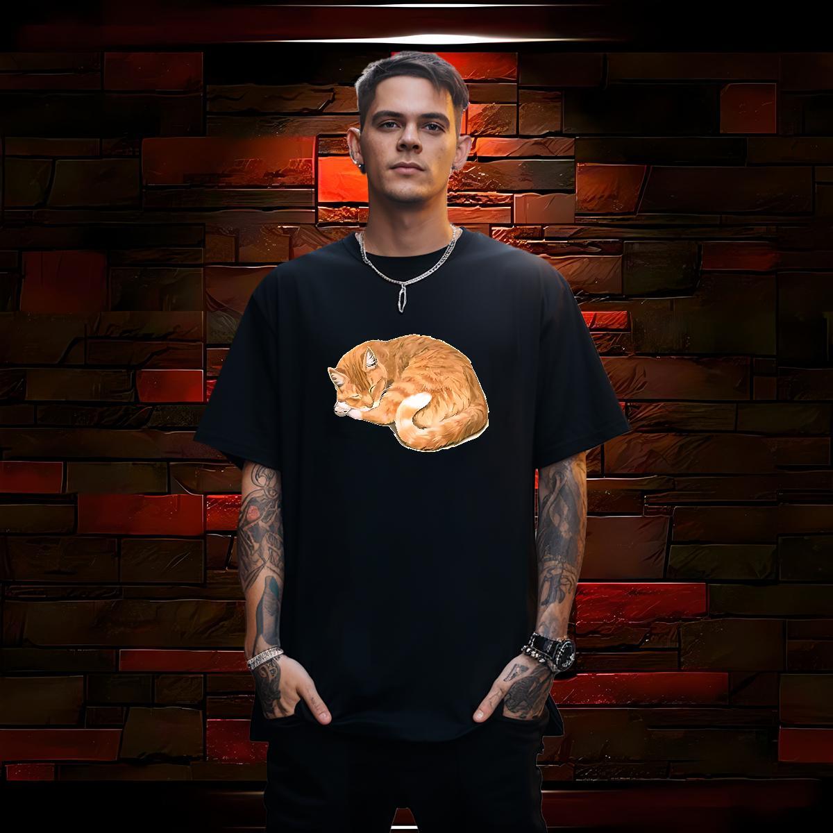 Men T Shirts 230g 100% Cotton cat Daily Wear Breathable Crew Neck Floral Print Couples T Shirts Classic Cool Design Polos