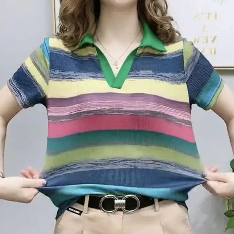 Short Sleeve T-shirt Womens Summer Fashion Rainbow Stripe Polo Shirt Comfortable Leisure Pullover Female Clothing Tops 240806