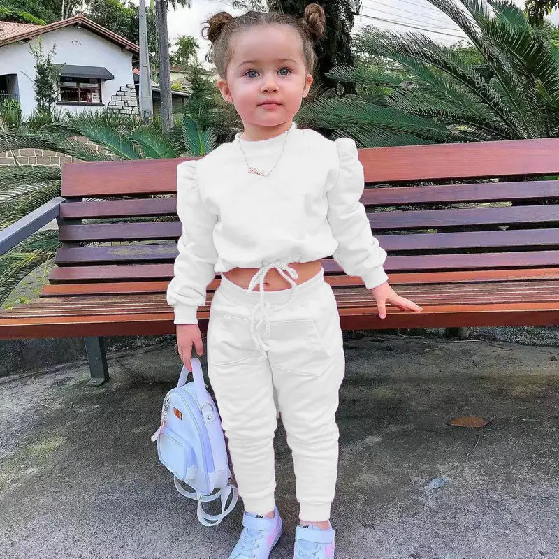 1-8Years Childrens Kids Girls Fall Clothing Outfits Solid Color Long Sleeve Crop TopsSport Pants Trousers Fashion Clothes Sets 240729
