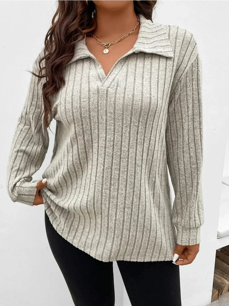 Autumn Womens Plus Size Fashion Solid Color Large Womens Top V-shaped Polo Neck Long Sleeve Pit Striped Matte T-shirt Loose 240806