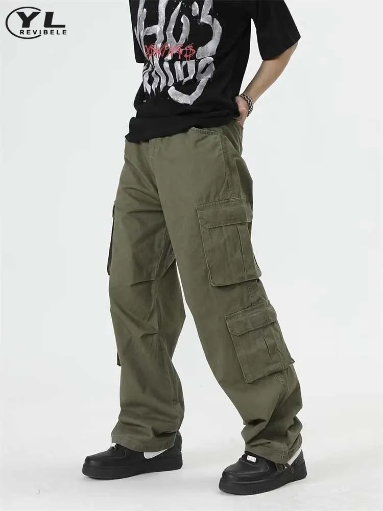 American multi pocket cargo pants mens Japanese retro bag straight casual jogging sports autumn style 240812