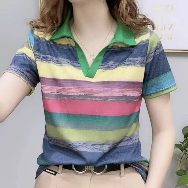 Short Sleeve T-shirt Womens Summer Fashion Rainbow Stripe Polo Shirt Comfortable Leisure Pullover Female Clothing Tops 240806