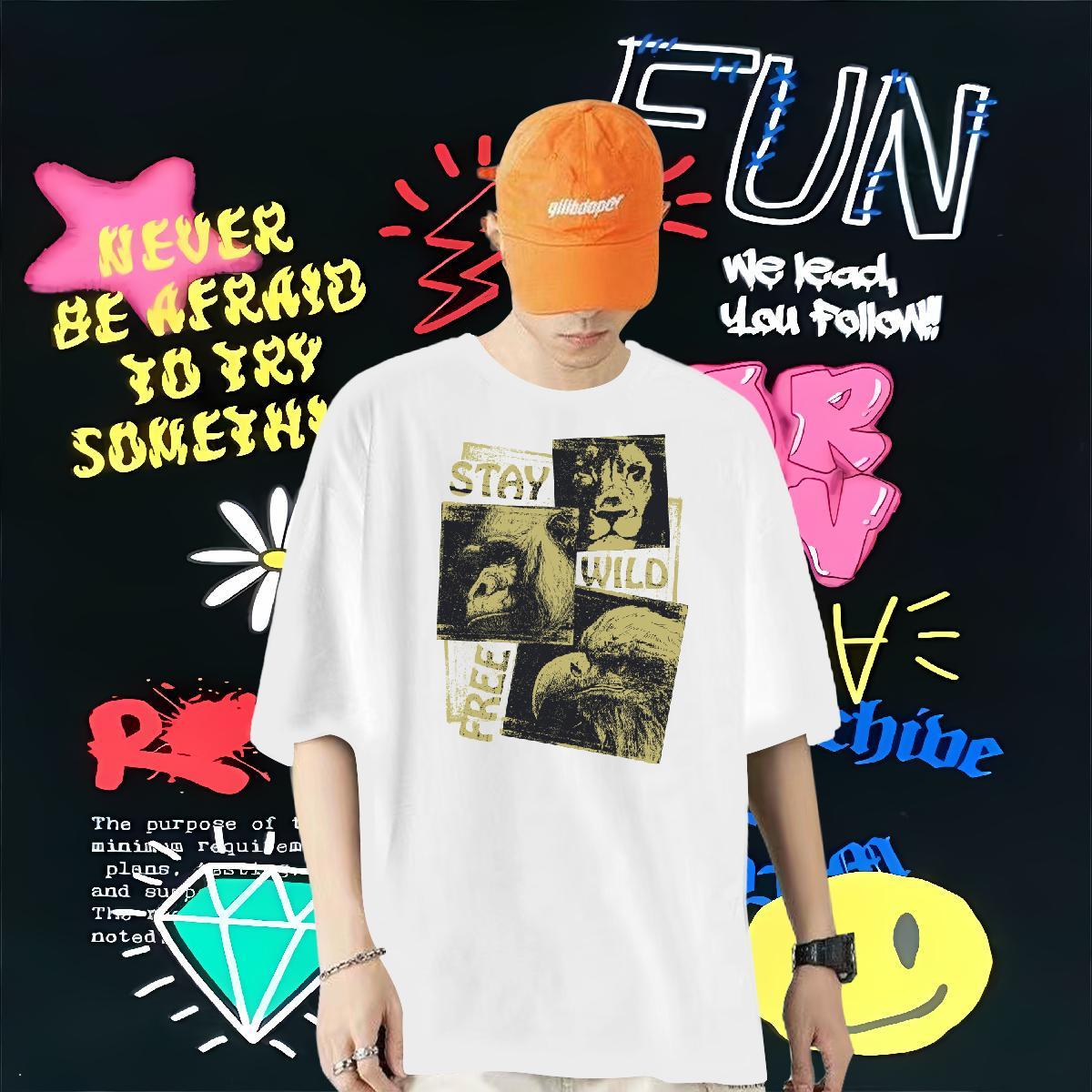 New Mens T Shirts 230g Cotton lion Casual Wear Breathable High Quality Mens Tshirts Custom Print Plus Size