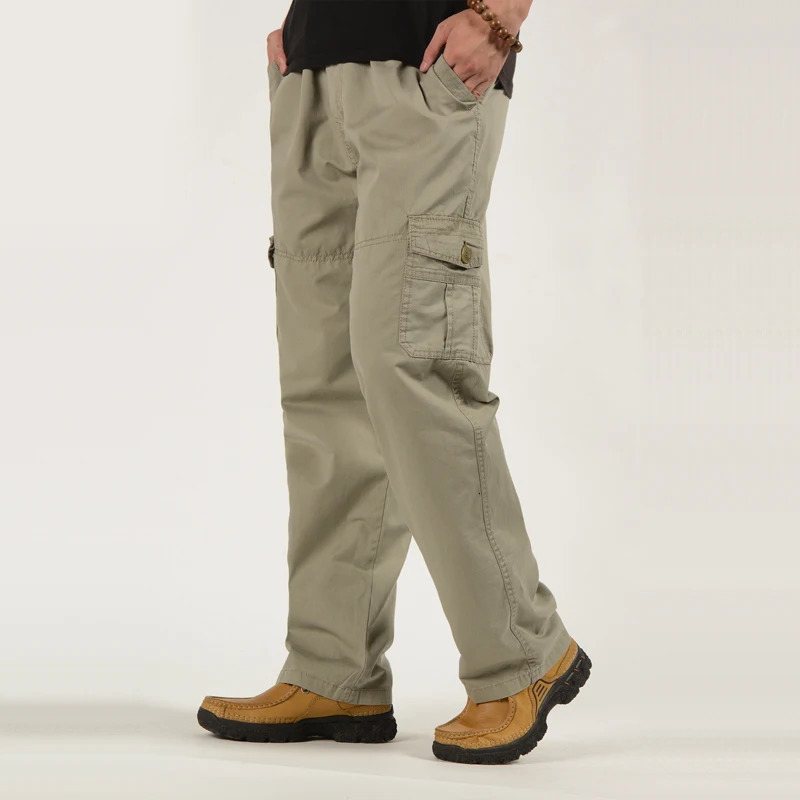 Mens Oversized Cargo Pants Multi Pockets Military Trousers Plus Size Drawstring Baggy Tactical Khaki Straight 240806