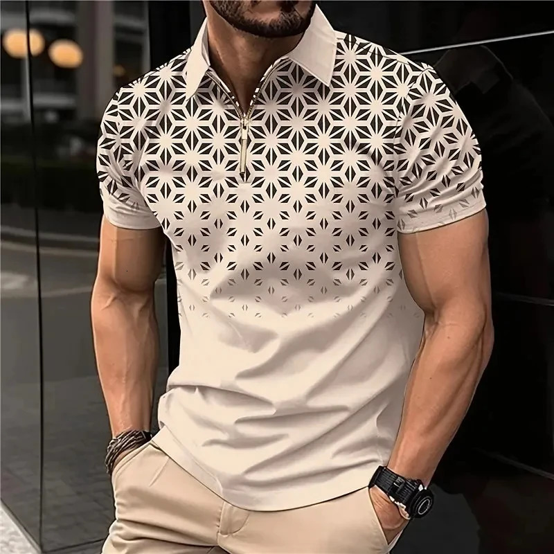 Summer Mens Polo Shirt Lapel Striped Short Sleeve Letter Printed Button T-Shirt Polo Fashion Top 240806