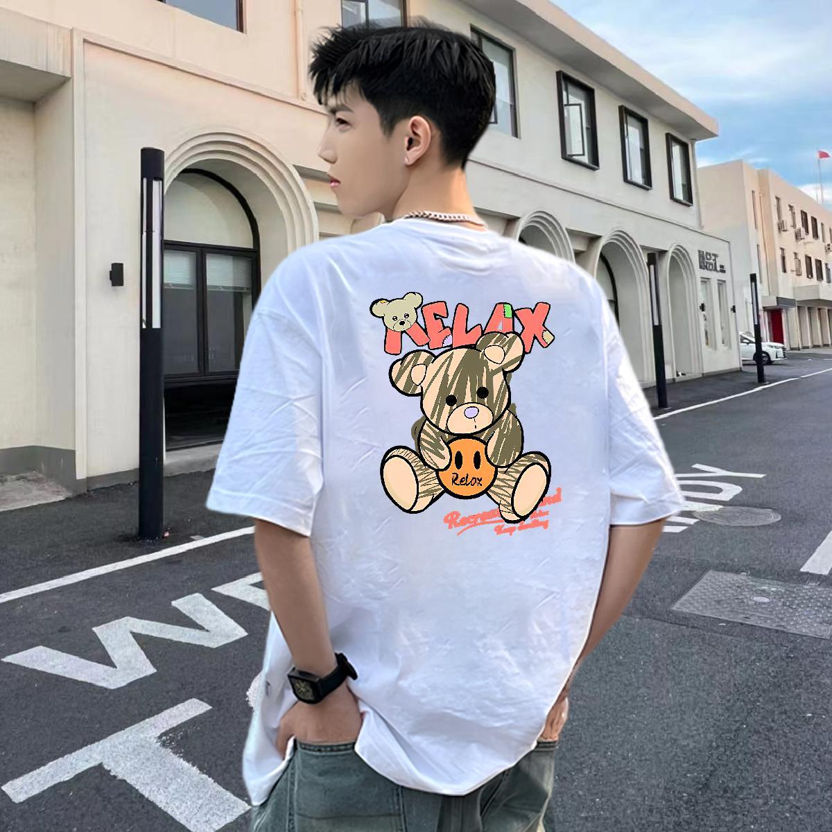 Fashion Design T Shirts Men 230g Pure Cotton bear Anime Printing Street Clothes Crew Neck TOP Quality Men Clothes T-Shirt DIY Printed