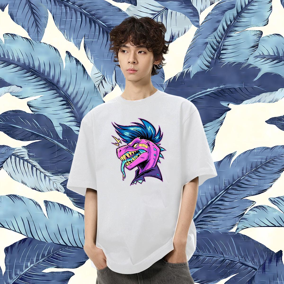 Classic Men T Shirts 230g Cotton dinosaur Sport Tops Round Neck Short Sleeve Loose Fit Tshirts Floral Print