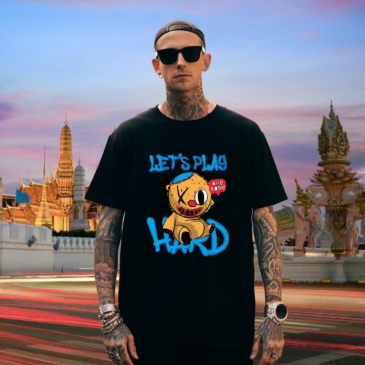 T Shirts Men 230g Cotton bear Hip Hop Short Sleeve Soft Cartoon Print Men Tees DIY Customized Popular Tshirts