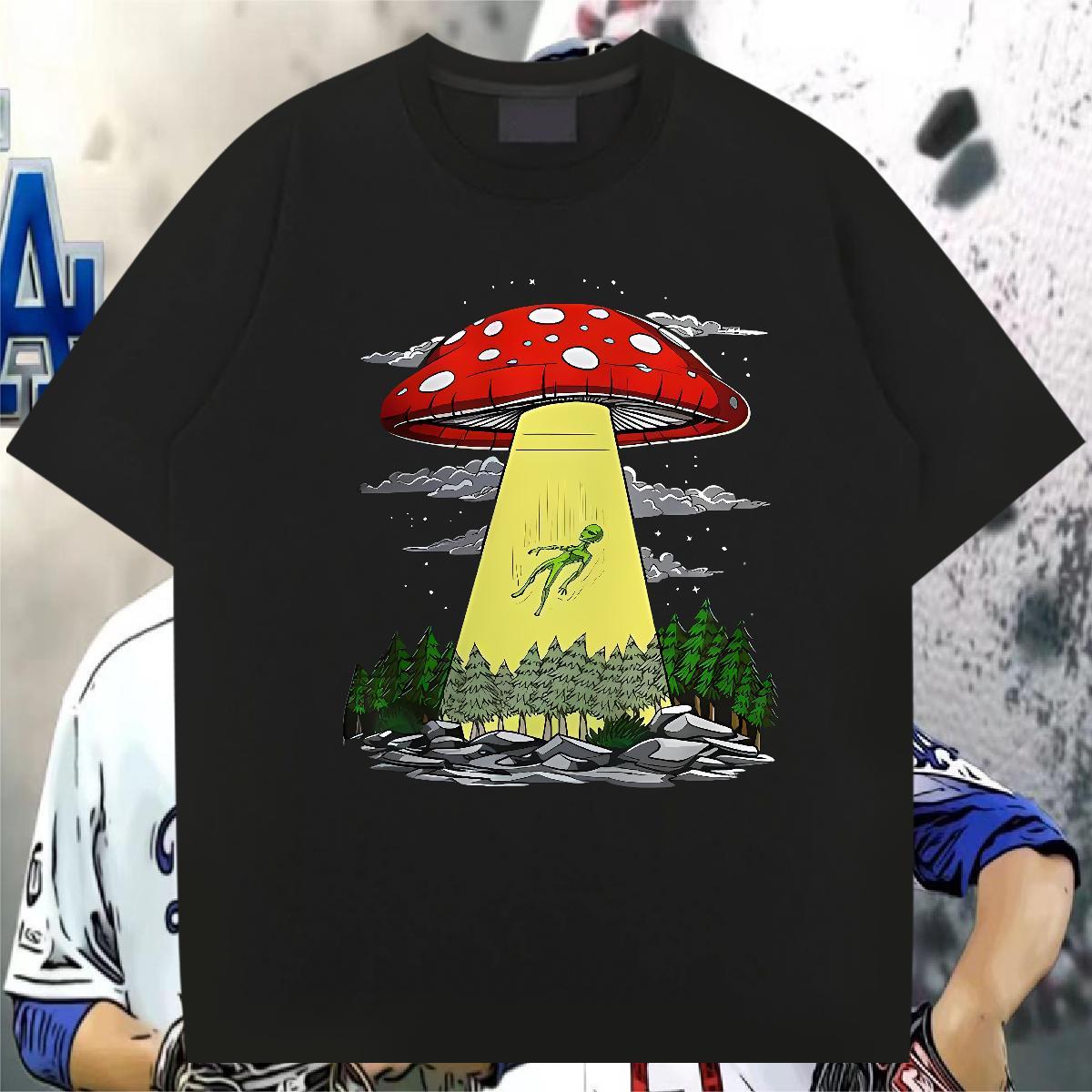Man T Shirts 230g 100% Cotton mushroom Casual Beach Breathable Short Sleeve Plus Size Cartoon Mens Tshirts 2024 Soft Clothings