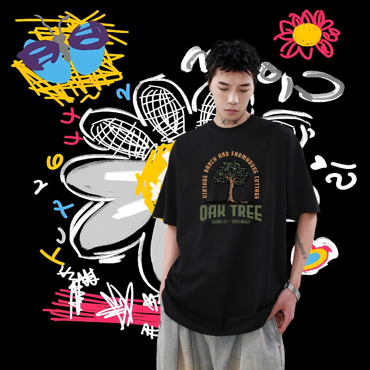 Customized Man T Shirts 230g 100% Cotton tree Daily Wear Top Tees Short Sleeve O-Neck Comfortable Men Tops Tees Anime Print