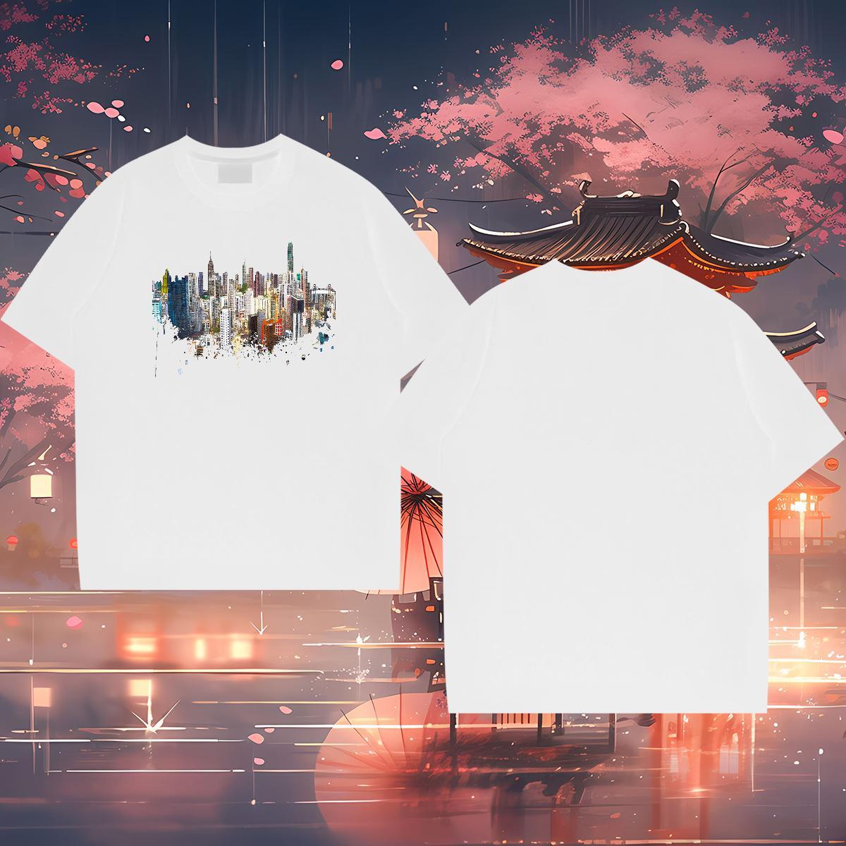 Fashion Casual T Shirt For Man 100% Cotton 230g Tall buildings Hip Hop Street Tshirts Round Neck Short Sleeve Free Shipping Men Tops Tees Custom Anime