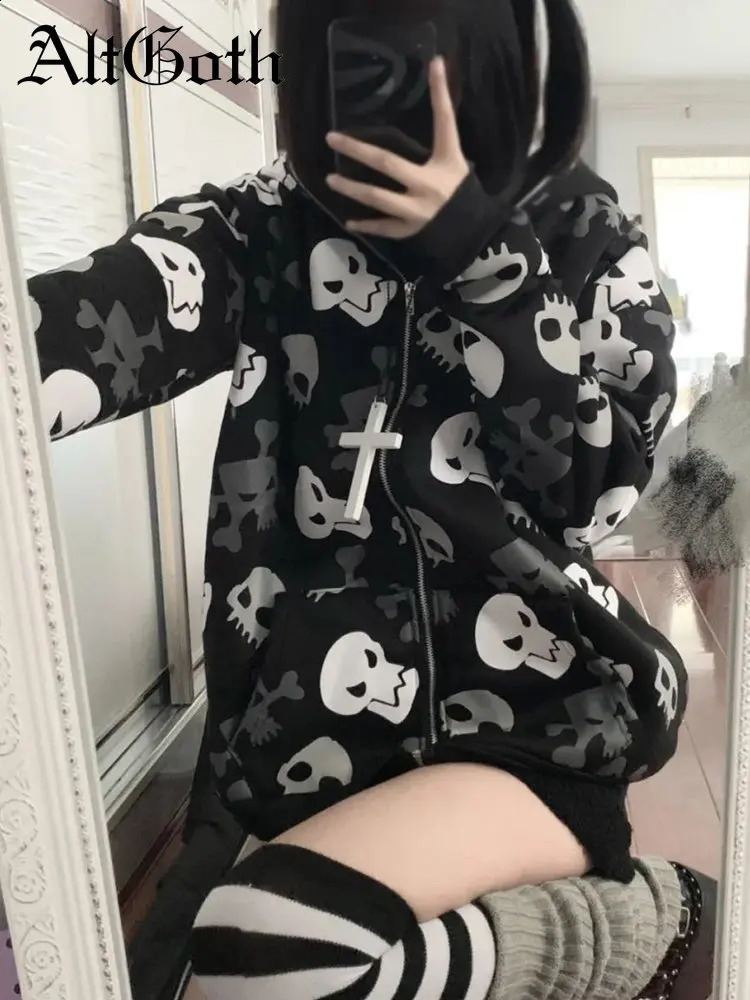 AltGoth Cyberpunk Y2k Sweatshirt Women Mall Goth Harajuku Skull Printed Long Sleeve Zipper Cardigan Hoodie Emo Alt Indie Clothes 260626