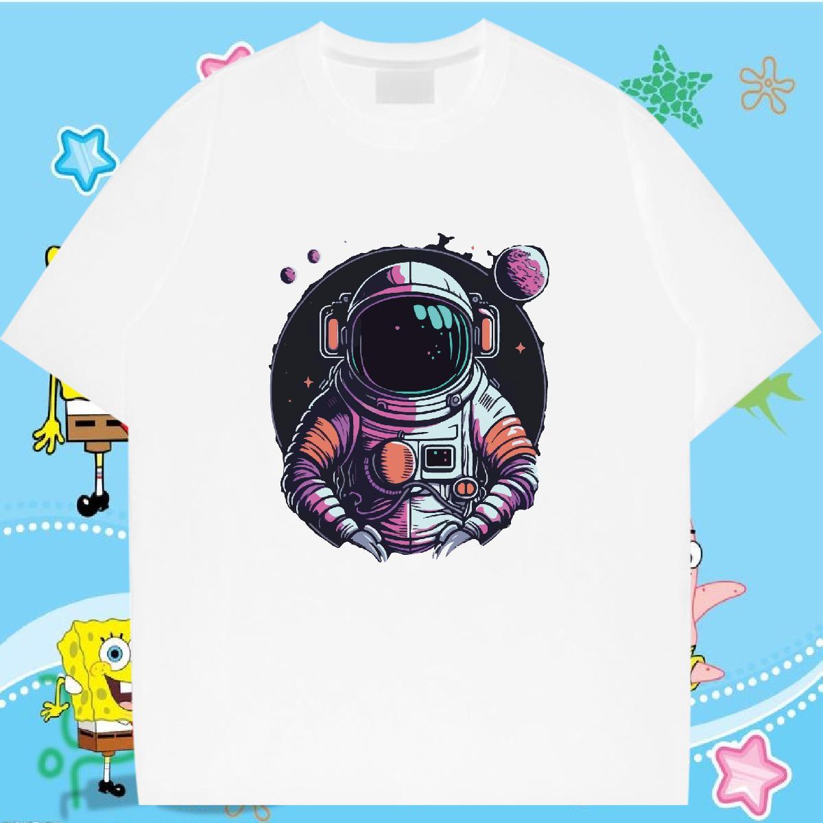 5A Unisex Tshirts 230g Pure Cotton cosmonaut Street Women T Shirts Breathable Short Sleeve Cartoon Floral Printing Tops