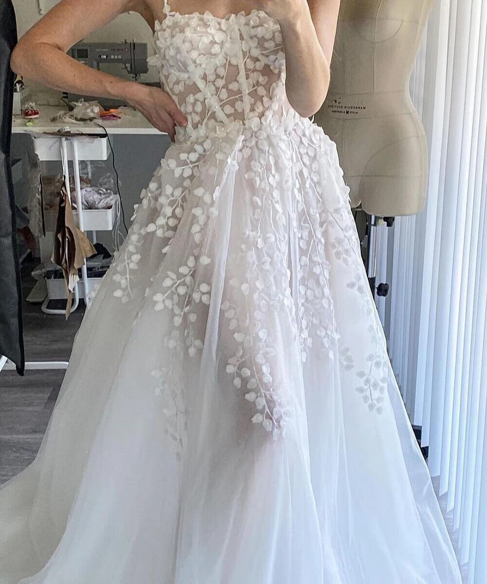 New Spaghetti Tulle A-line Wedding Dresses 2024 Illusion Bodice 3D Flowers Appliques Lace Sweep Train Princess Dress