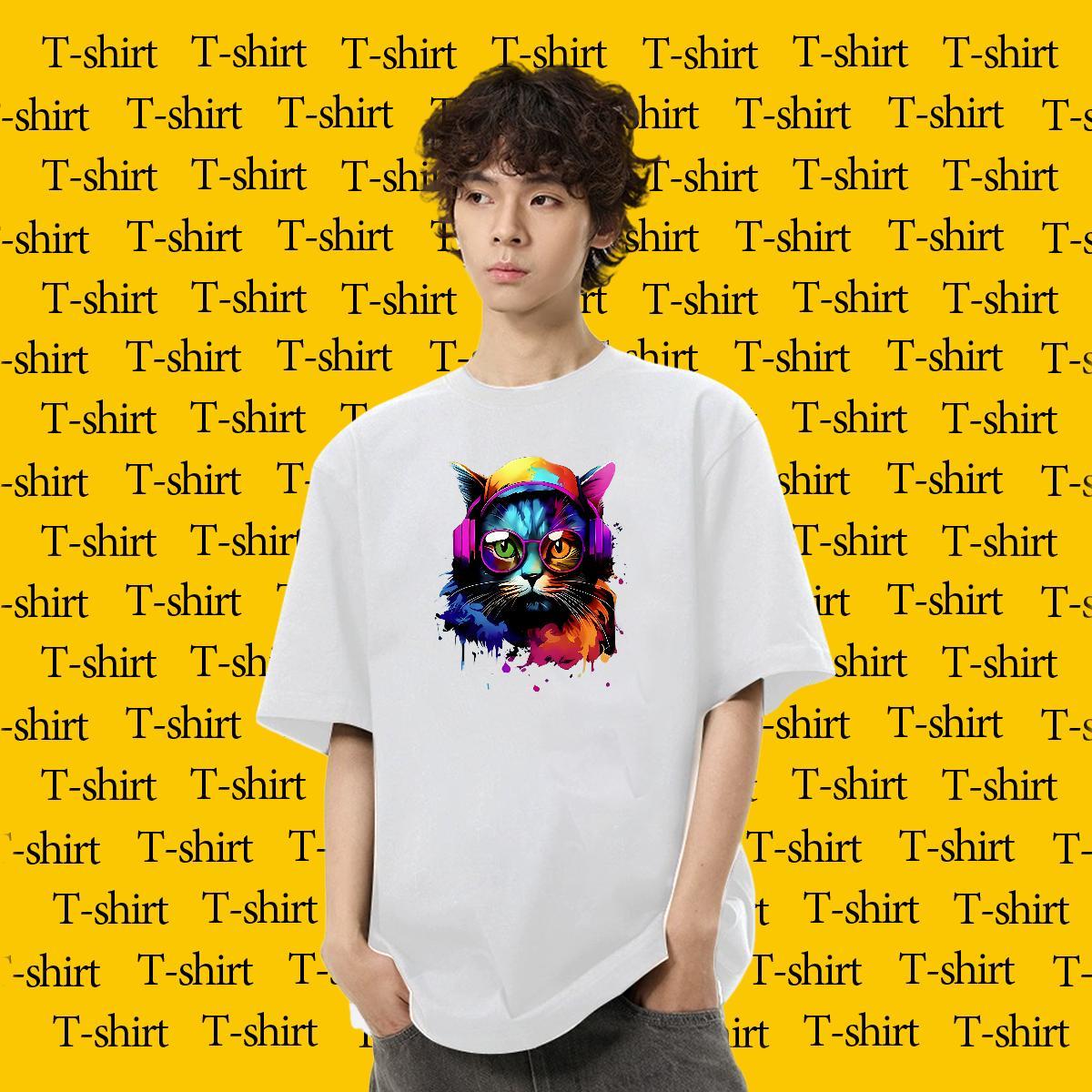 New Designer T Shirts Men 230g Pure Cotton colorful cat Hip Hop Tees Breathable Crew Neck TOP Quality Men Tops Tees Anime