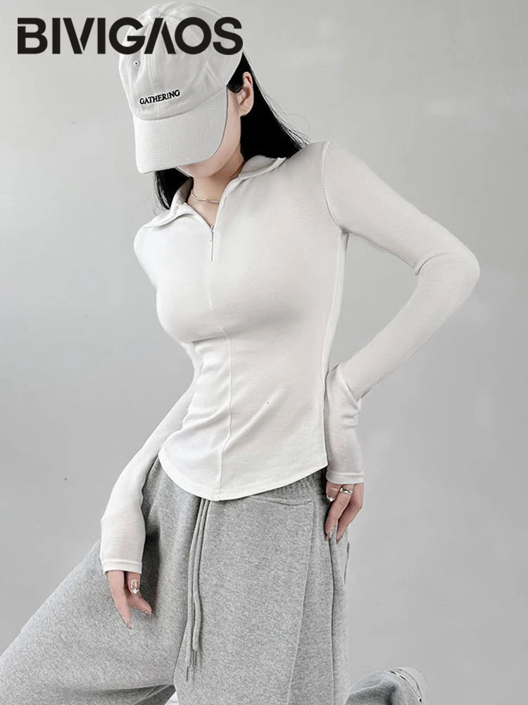 BVIGAOS spring/summer ultra-thin long sleeved T-shirt for women black spicy cotton zipper lapel polo neck top 240827