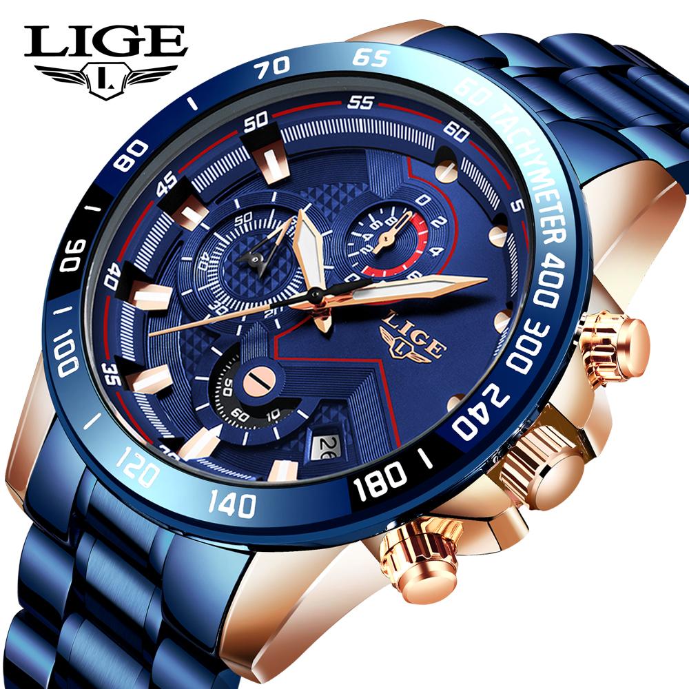 LIGE Men Watch Sport Chronograph Watch for Men Fashion Stainless Steel Quartz Wristwatches Luminous Man Clock