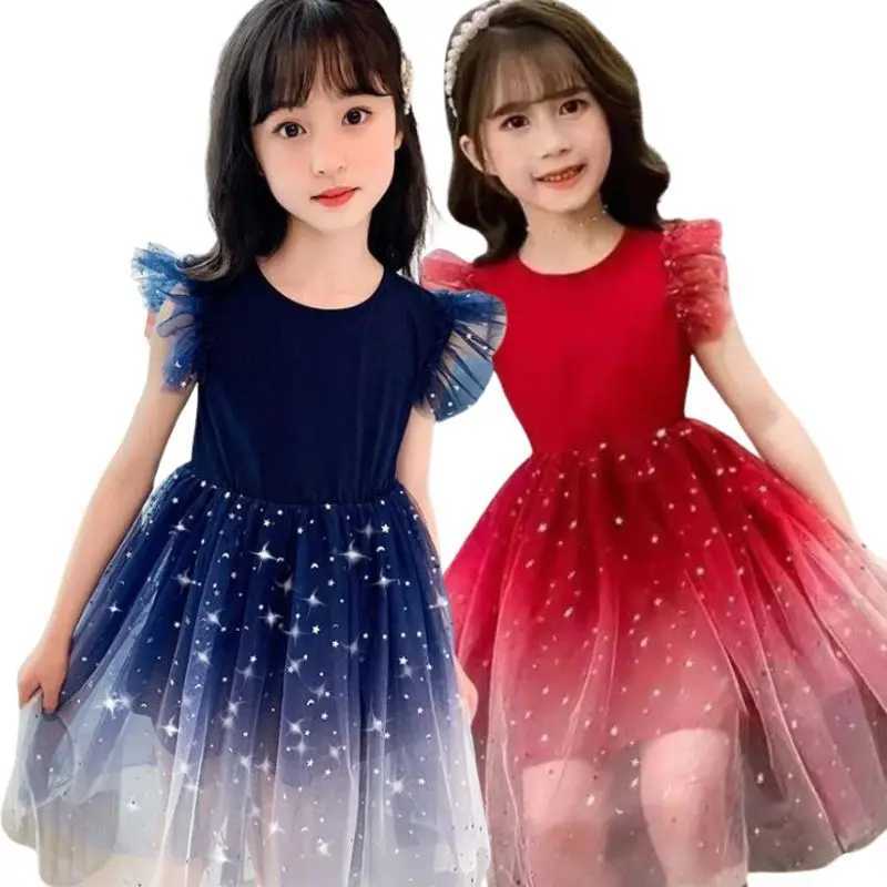 Girl Starry Sky Gradient Princess Dress Summer Sleeveless Fashion Gauze Dress New Year Childrens Birthday PartyW240720