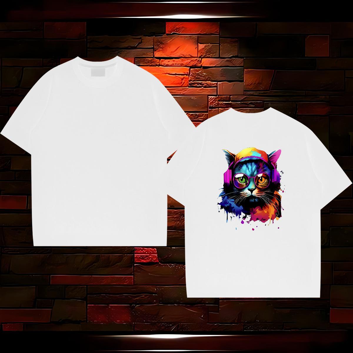 New Arrival T shirt 230g 100% Cotton colorful cat Hip Hop Tops Short Sleeve O-Neck Loose Fit Men Tshirts Customized