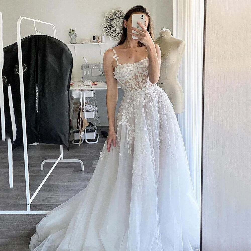 New Spaghetti Tulle A-line Wedding Dresses 2024 Illusion Bodice 3D Flowers Appliques Lace Sweep Train Princess Dress