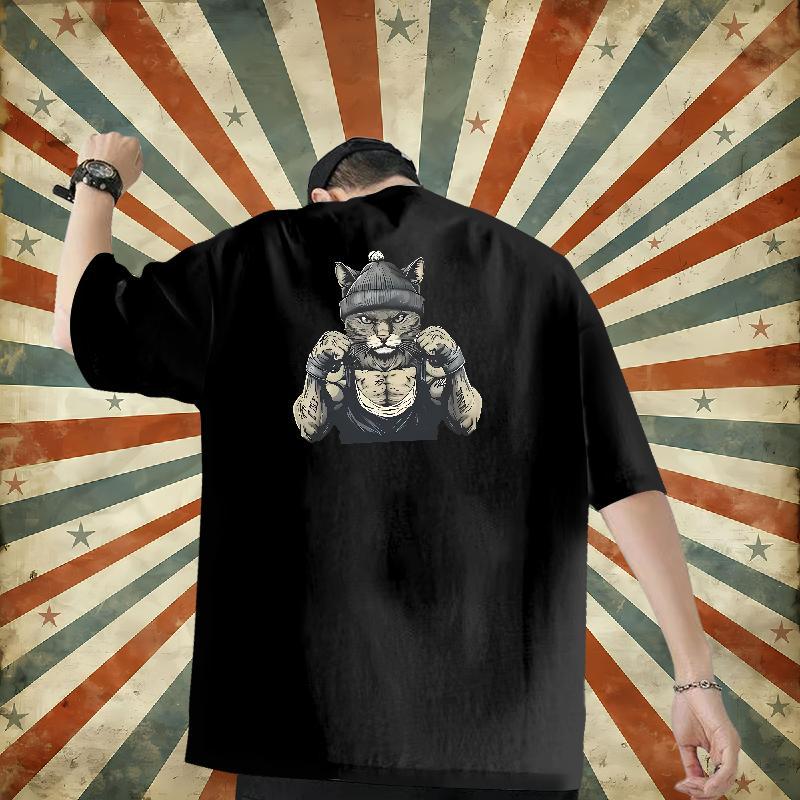 Custom T Shirts Men 230g 100% Cotton cat Sport Tops Tees Short Sleeve Soft Popular Men Tees Black White