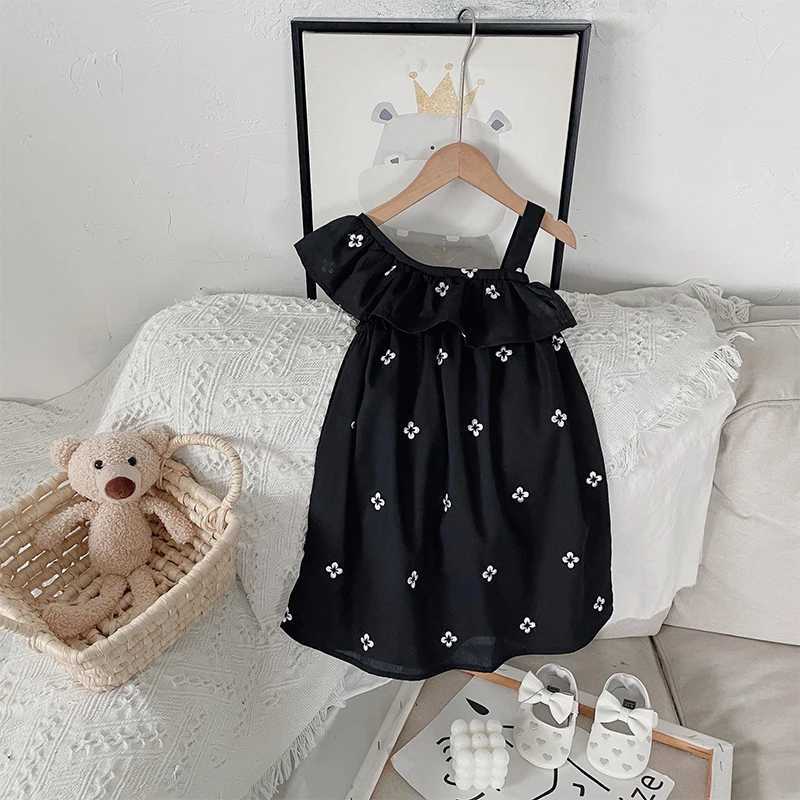 Summer one-piece sleeveless floral midi dress black cotton beach clothing for girls 2023 fashionable and elegant for women 2 to 8 yearsW240720