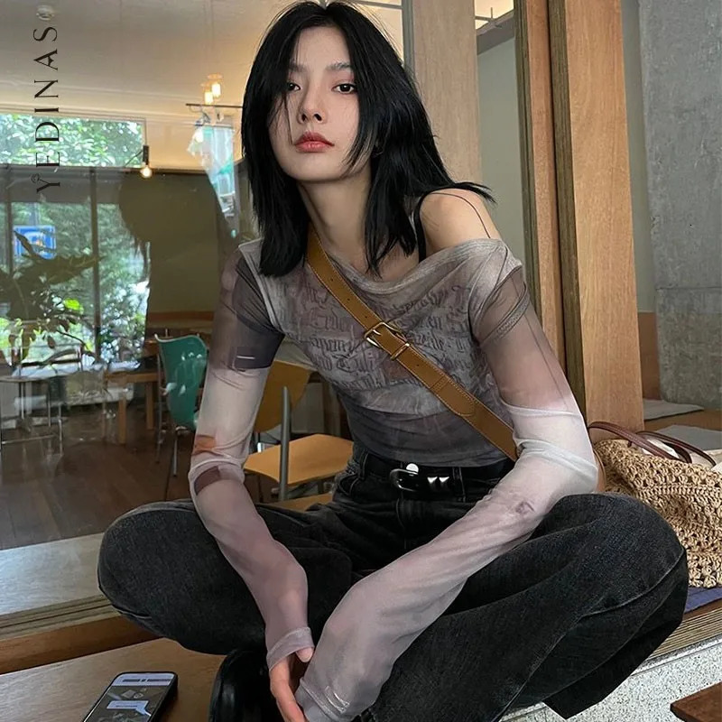 Yedinas See Through Mesh Tops Off Shoulder T Shirt Women Clothing Long Sleeve Korean Fashion Streetwear T-shirts Tees Y2k Chic 240806