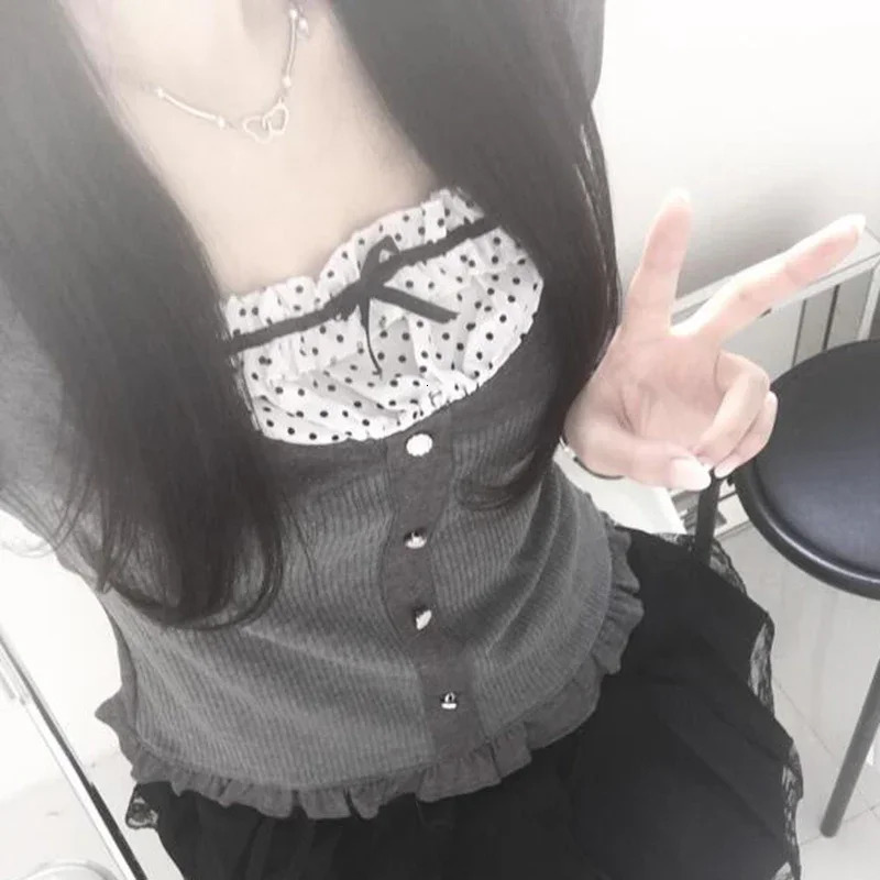 Y2K Polka Dot Print Contrast Patchwork Knitted Tops Grey Autumn Spring Cute Bow T-shirts Slim-fit Long Sleeve Knitwear 240806